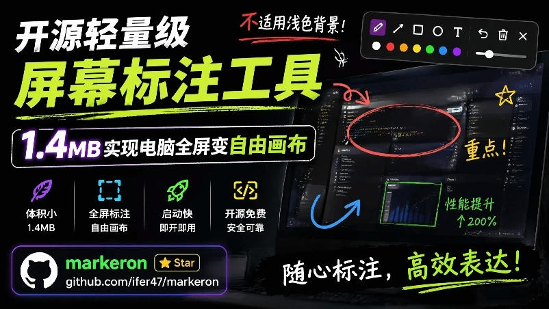 开源轻量级屏幕标注工具，1.4MB实现电脑全屏变自由画布！支持8种标注工具和全键盘操控MarkerOn-副业网