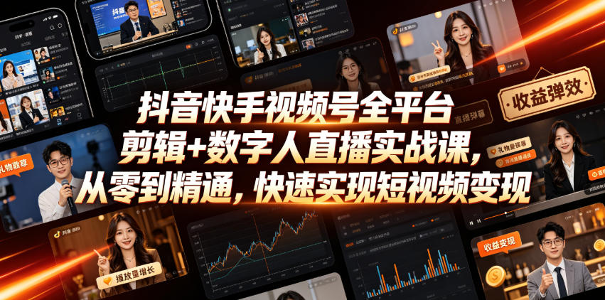 抖音快手视频号全平台剪辑+数字人直播实战课，从零到精通，快速实现短视频变现(更新2026年6月)​-副业网