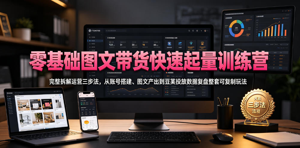 零基础图文带货快速起量训练营，完整拆解运营三步法，从账号搭建、图文产出到豆荚投放数据复盘整套可复制玩法-副业网
