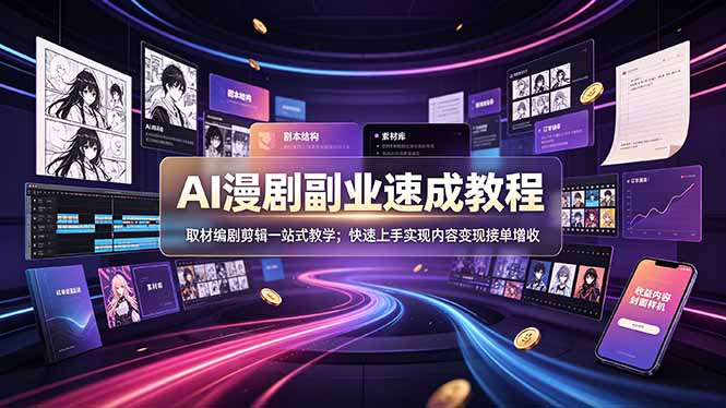 AI漫剧副业速成教程，取材编剧剪辑一站式教学；快速上手实现内容变现接单增收-副业网