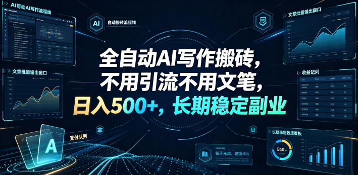 全自动AI写作搬砖，不用引流不用文笔，日入500+，长期稳定副业【揭秘】-副业网