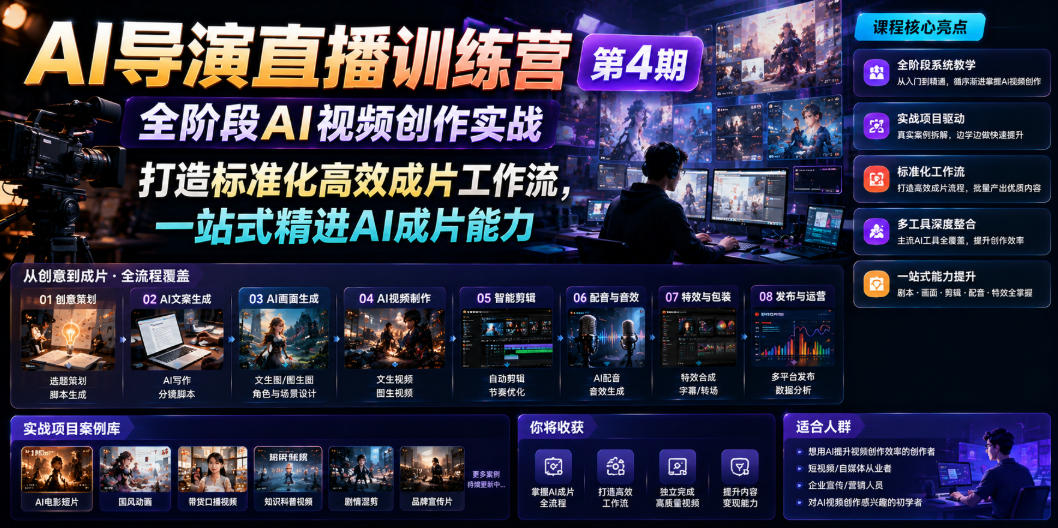 AI导演直播训练营第4期｜全阶段AI视频创作实战，打造标准化高效成片工作流，一站式精进AI成片能力-副业网