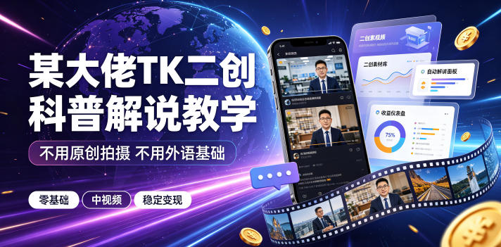 某大佬TK二创科普解说教学，不用原创拍摄不用外语基础，零基础做TikTok中视频稳定变现-副业网