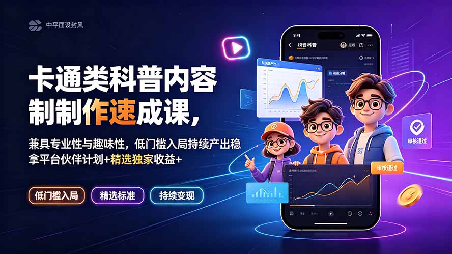 卡通类科普内容制作速成课，兼具专业性与趣味性，低门槛入局持续产出稳拿平台伙伴计划+精选独家收益-副业网