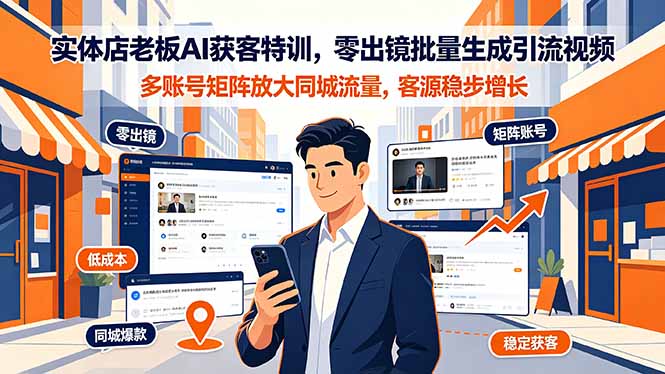 实体店老板AI获客特训，零出镜批量生成引流视频，多账号矩阵放大同城流量，客源稳步增长-副业网