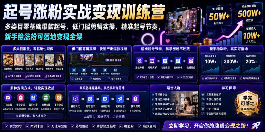 苗子起号涨粉实战变现训练营，多类目零基础爆款起号、精准起号节奏、新手稳涨粉可落地变现全课-副业网
