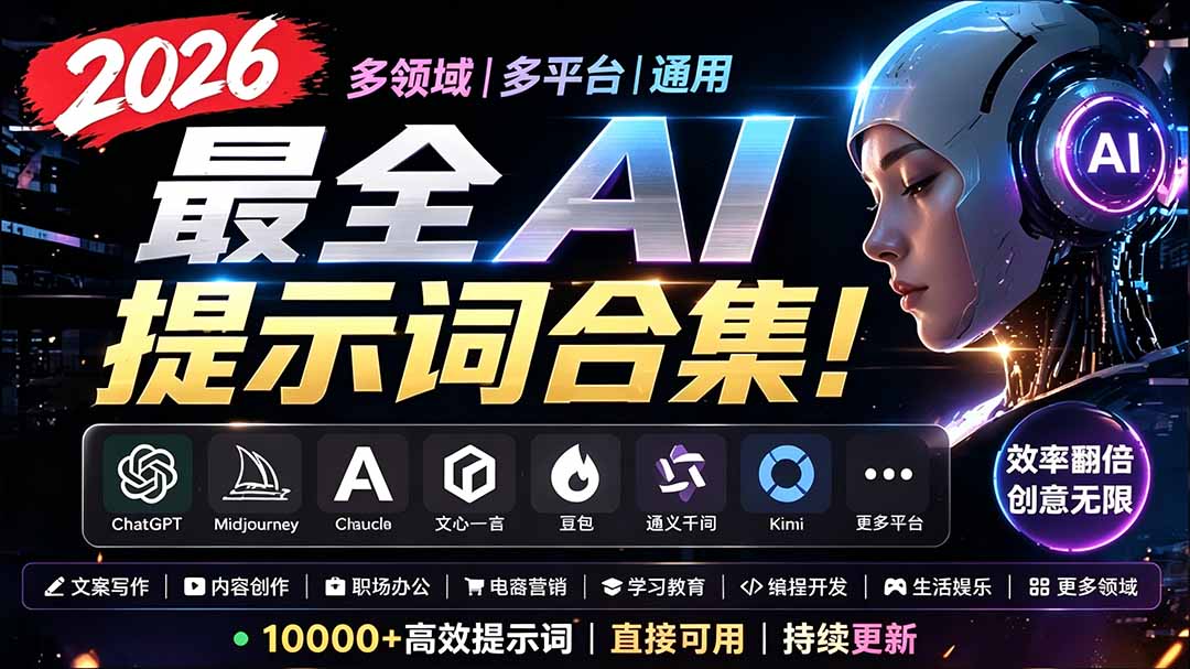 2026最全AI提示词合集!多领域多平台通用,涵盖AI绘画、电商主图、爆款文案,脚本创作等-副业网