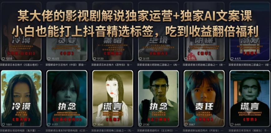 某大佬的影视剧解说独家运营+独家AI文案课，小白0粉丝也能快速打上抖音精选标签、吃到收益翻倍福利-副业网