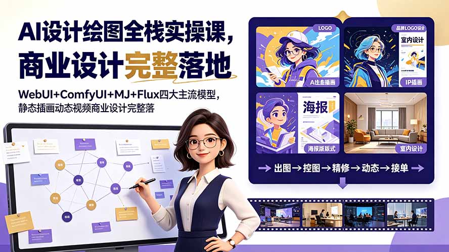 AI设计绘图全栈实操课，WebUI+ComfyUI+MJ+Flux四大主流模型，静态插画动态视频商业设计完整落地教程-副业网