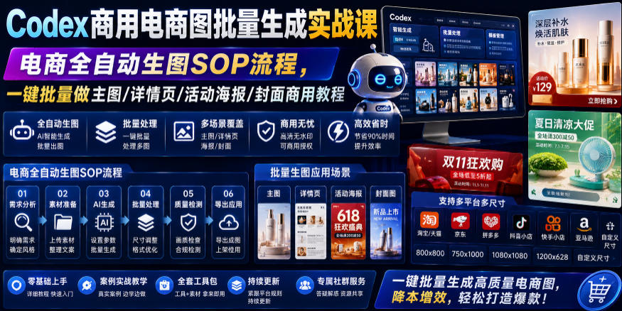 Codex商用电商图批量生成实战课｜电商全自动生图SOP流程，一键批量做主图/详情页/活动海报/封面商用教程-副业网