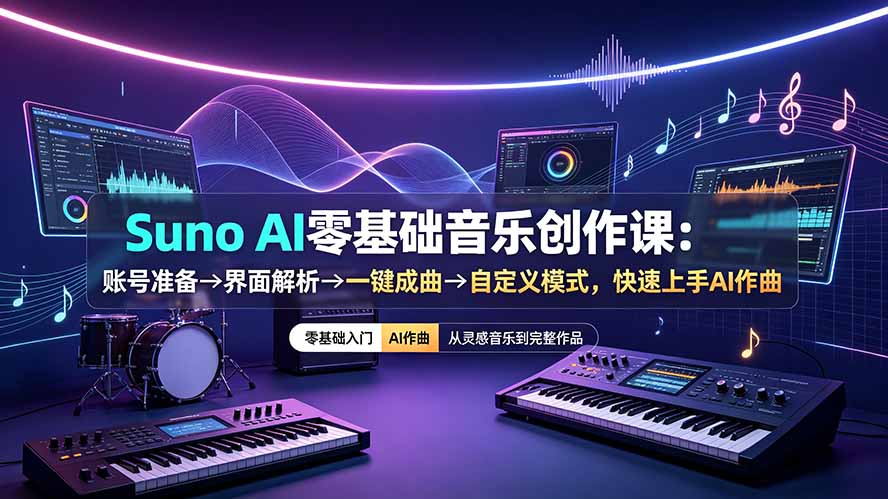 Suno AI零基础音乐创作课：账号准备→界面解析→一键成曲→自定义模式，快速上手AI作曲-副业网