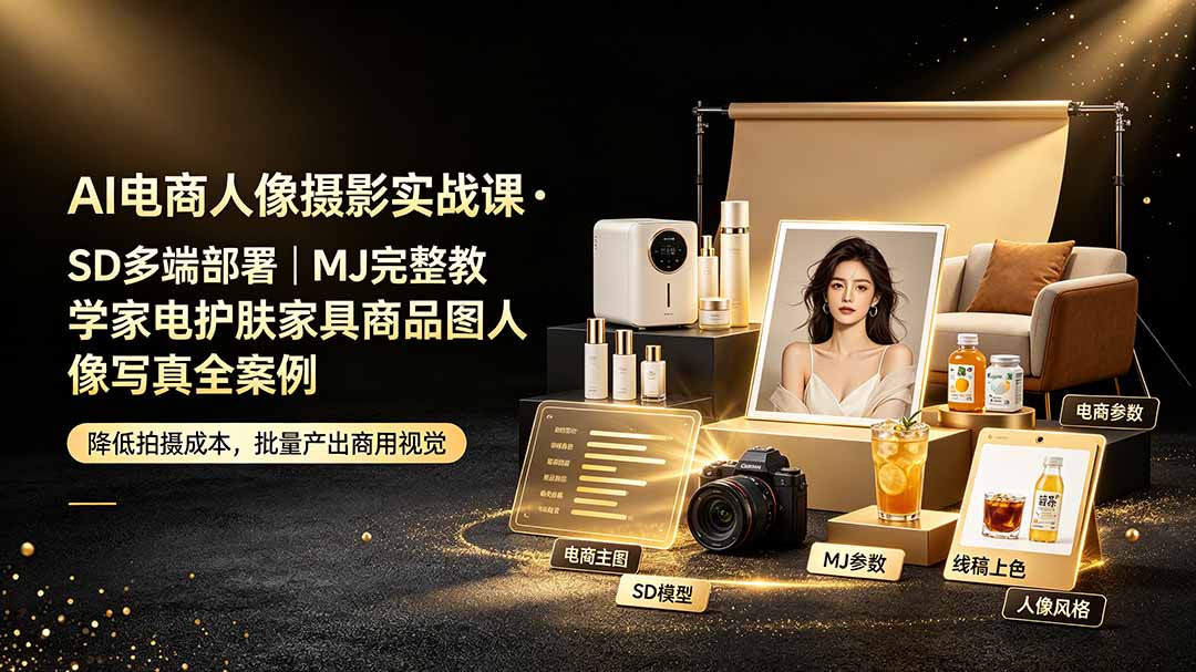 AI电商人像摄影实战课·SD多端部署｜MJ完整教学｜家电护肤家具商品图人像写真全案例-副业网