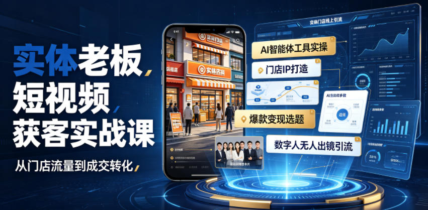 实体老板短视频获客实战课｜AI智能体工具全套实操、门店IP打造、爆款变现选题、数字人无人出镜引流完整教程-副业网