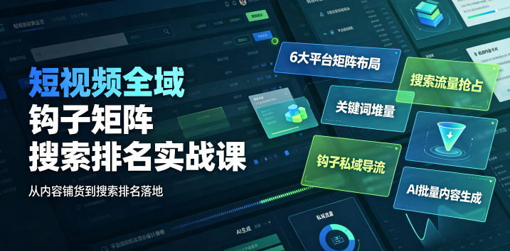 短视频全域钩子矩阵搜索排名实战课|6大平台矩阵布局、关键词堆量抢占搜索流量、钩子私域导流、AI批量内容生成-副业网