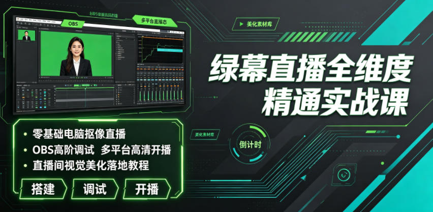 绿幕直播全维度精通实战课｜零基础电脑抠像直播、OBS高阶调试、多平台高清开播、直播间视觉美化落地教程-副业网