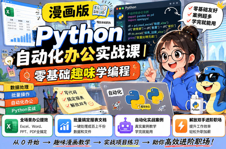 漫画版Python自动化办公实战课｜零基础趣味学编程，全场景办公提效、批量搞定报表文档、解放双手进阶职场-副业网