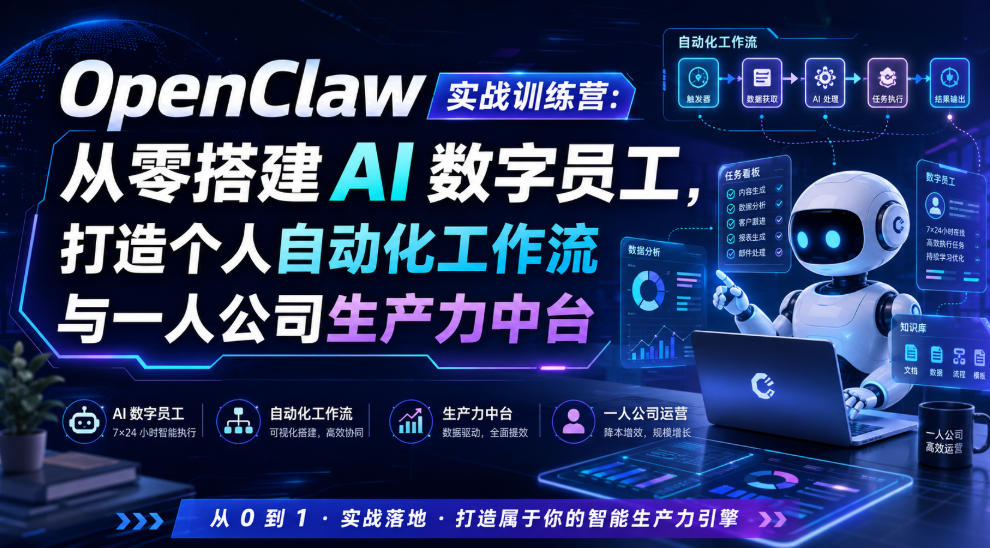 OpenClaw实战训练营：从零搭建AI数字员工，打造个人自动化工作流与一人公司生产力中台-副业网