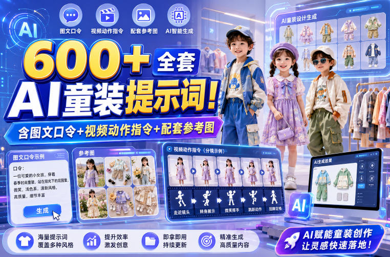 600+全套AI童装提示词！含图文口令+视频动作指令+配套参考图，Word-Excel规整分类，童装电商、种草无脑量产内容！-副业网
