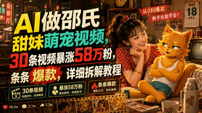 AI做邵氏甜妹萌宠视频，30条视频暴涨58万粉，条条爆款，详细拆解教程-副业网