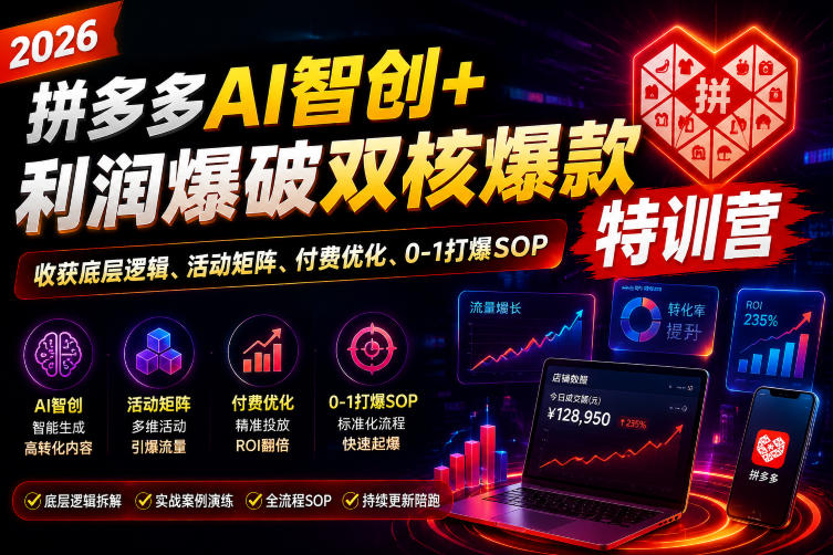 2026拼多多AI智创+利润爆破双核爆款特训营，收获底层逻辑、活动矩阵、付费优化、0-1打爆SOP-副业网
