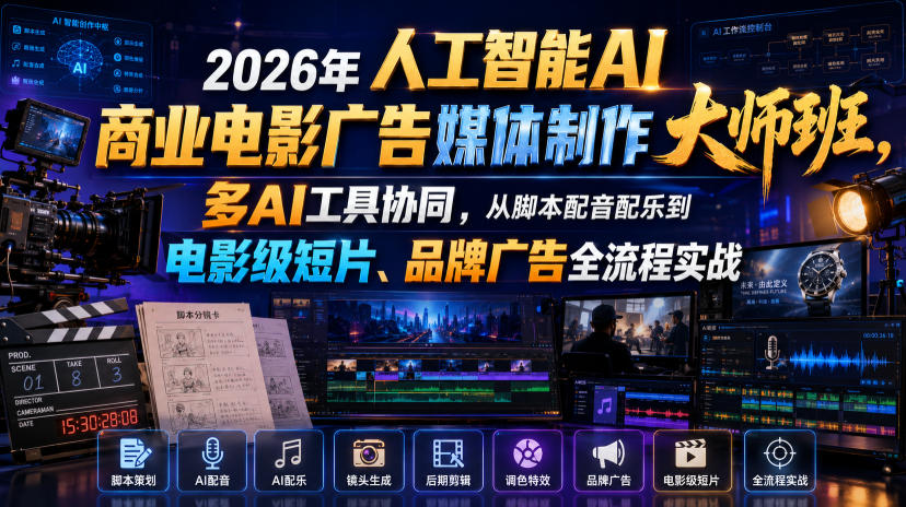 2026年人工智能AI商业电影广告媒体制作大师班，多AI工具协同，从脚本配音配乐到电影级短片、品牌广告全流程实战(中英字幕)-副业网