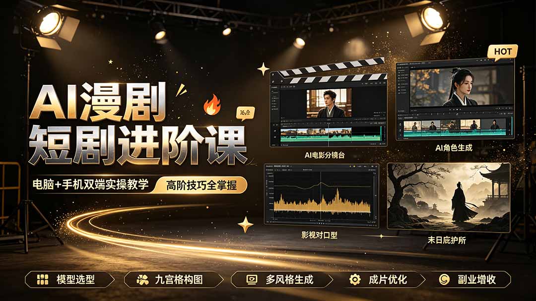 AI漫剧短剧进阶课｜电脑+手机双端实操教学｜影视剧对口型人物吃瓜×解压末日庇护所全程讲解，高阶技巧全掌握-副业网