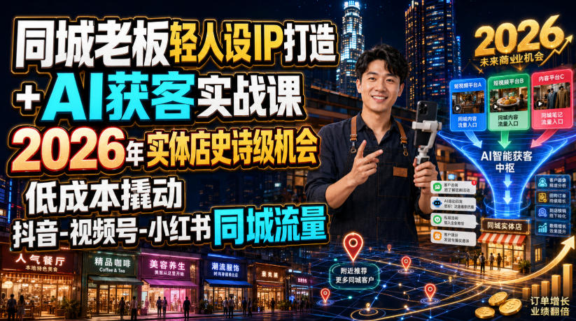 同城老板轻人设IP打造+AI获客实战课，2026年实体店史诗级机会，低成本撬动抖音-视频号-小红书同城流量-副业网