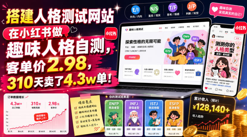 搭建人格测试网站在小红书做趣味人格自测，客单价2.98，310天卖了4.3w单！-副业网
