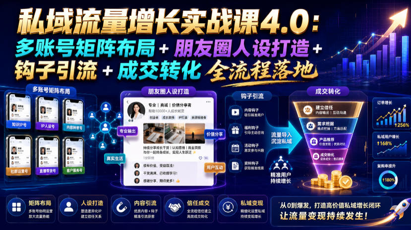 私域流量增长实战课4.0：多账号矩阵布局+朋友圈人设打造+钩子引流+成交转化全流程落地-副业网