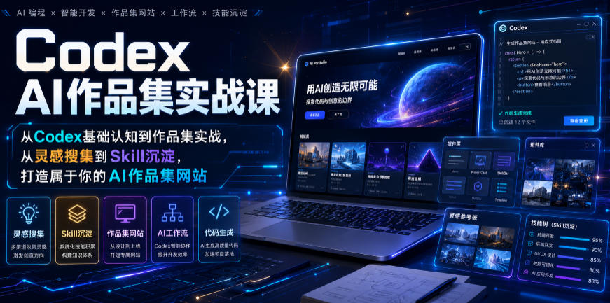 Codex AI作品集实战课，从Codex基础认知到作品集实战，从灵感搜集到Skill沉淀，打造属于你的AI作品集网站-副业网