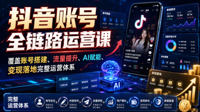 抖音账号全链路运营课，覆盖账号搭建、流量提升、AI赋能、变现落地完整运营体系-副业网