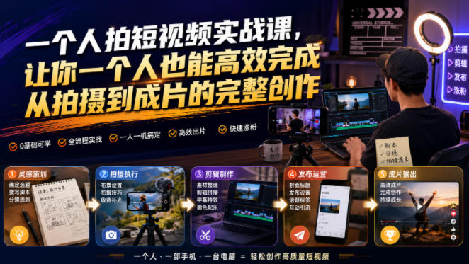 一个人拍短视频实战课，让你一个人也能高效完成从拍摄到成片的完整创作-副业网