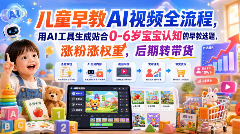 儿童早教AI视频全流程，用AI工具生成贴合0-6岁宝宝认知的早教选题，涨粉涨权重，后期转带货-副业网