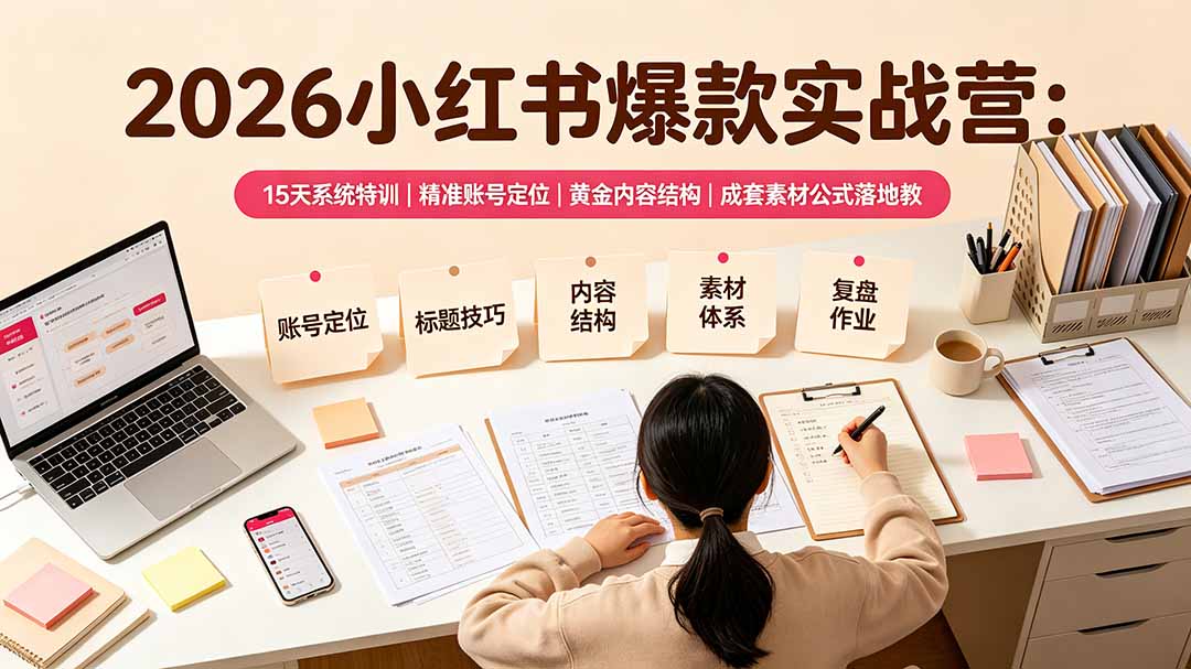 2026小红书爆款实战营：15天系统特训｜精准账号定位｜黄金内容结构｜成套素材公式落地教程-副业网