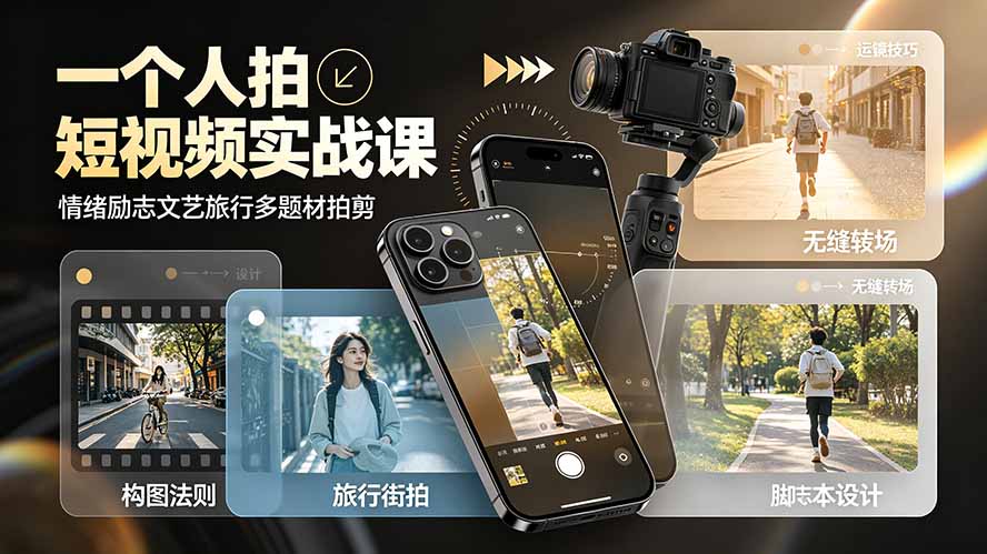 一个人拍短视频实战课：情绪励志文艺旅行多题材×五大景别×黄金构图×八大运镜，从拍摄到成片高效创作-副业网