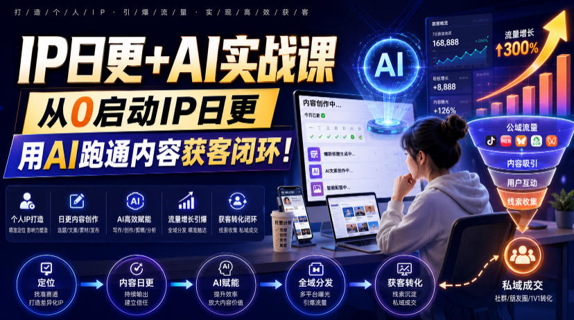 IP日更+AI实战课，从0启动IP日更，IP置顶视频制作+100条选题库搭建+10条日更规划，用AI跑通内容获客闭环!-副业网