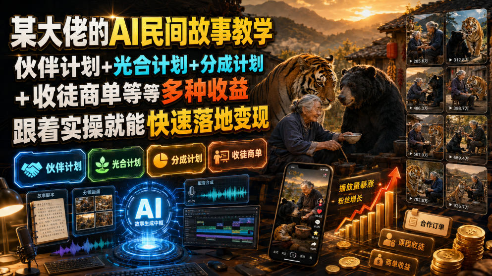 某大佬的AI民间故事教学，伙伴计划+光合计划+分成计划+收徒商单等多种收益，跟着实操就能快速落地变现-副业网