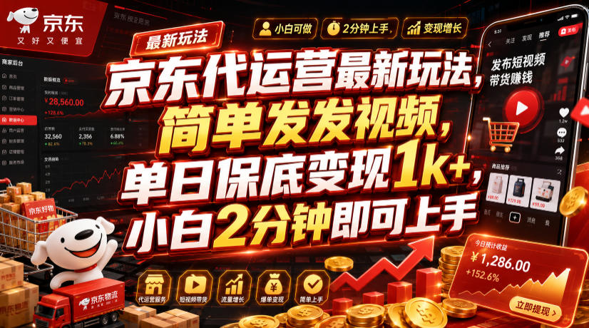 京东代运营最新玩法，简单发发视频，单日保底变现1k+，小白2分钟即可上手【揭秘】-副业网