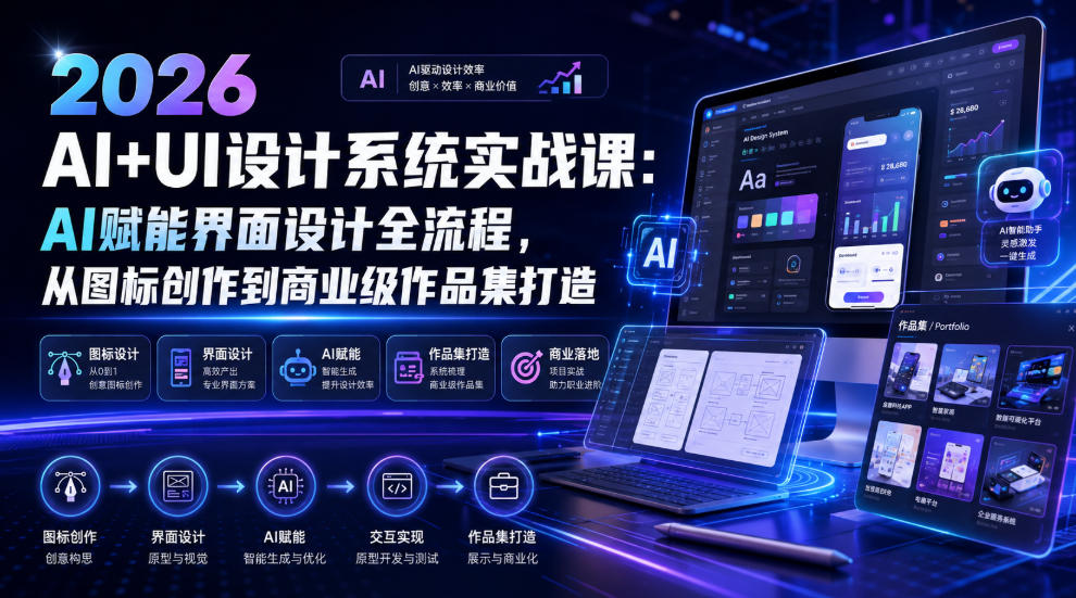 2026 AI+UI设计系统实战课：AI赋能界面设计全流程，从图标创作到商业级作品集打造-副业网