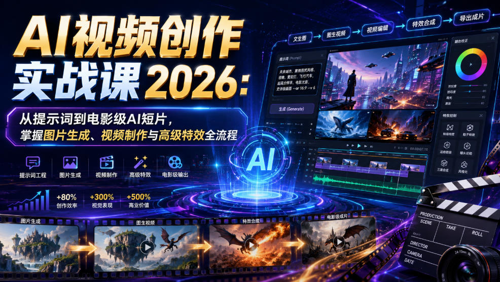 AI视频创作实战课2026：从提示词到电影级AI短片，掌握图片生成、视频制作与高级特效全流程-副业网