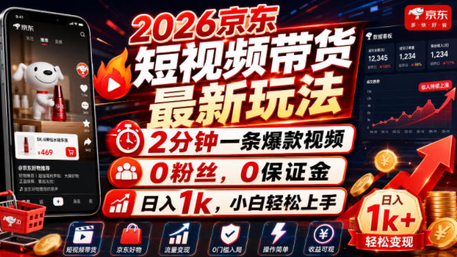2026京东短视频带货最新玩法，2分钟一条爆款视频，0粉丝，0保证金，日入1k，小白轻松上手【揭秘】-副业网