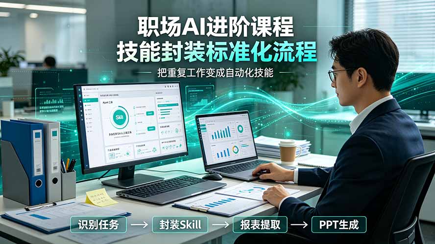 职场AI进阶课程；多类实用Skill工具实操，专属技能封装标准化流程，报表行业报告一键提取核心内容-副业网