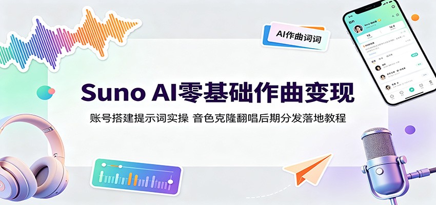 Suno AI零基础作曲变现：账号搭建提示词实操，音色克隆翻唱后期分发落地教程-副业网