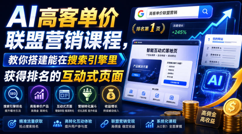 AI高客单价联盟营销课程，教你搭建能在搜索引擎里获得排名的互动式页面，引来流量，把访客转化为高佣金的成交【原创双语字幕】-副业网