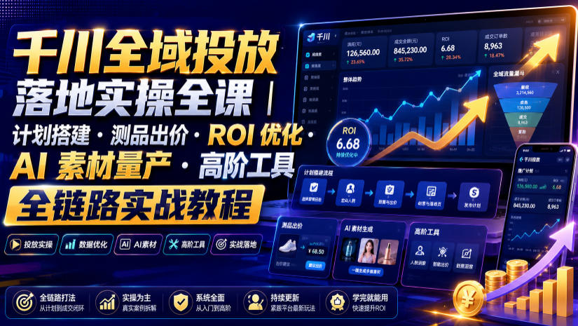 千川全域投放落地实操全课｜计划搭建・测品出价・ROI优化・AI素材量产・高阶工具全链路实战教程-副业网