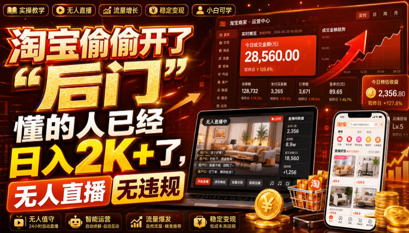淘宝偷偷开了“后门”，懂的人已经日入2K+了，无人直播无违规，一台电脑=一家24小时营业的线上门店【揭秘】-副业网