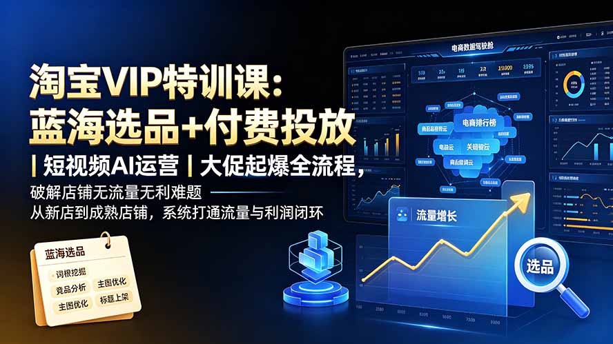 淘宝VIP特训课：蓝海选品+付费投放｜短视频AI运营｜大促起爆全流程，破解店铺无流量无利润难题-副业网