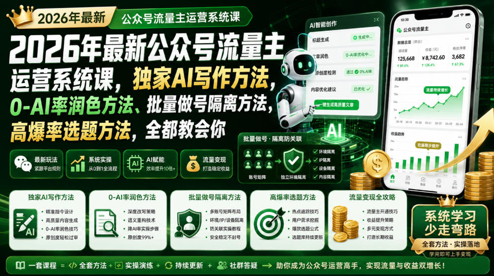 2026年最新公众号流量主运营系统课，独家AI写作方法，0-AI率润色方法、批量做号隔离方法、高爆率选题方法，全都教会你-副业网