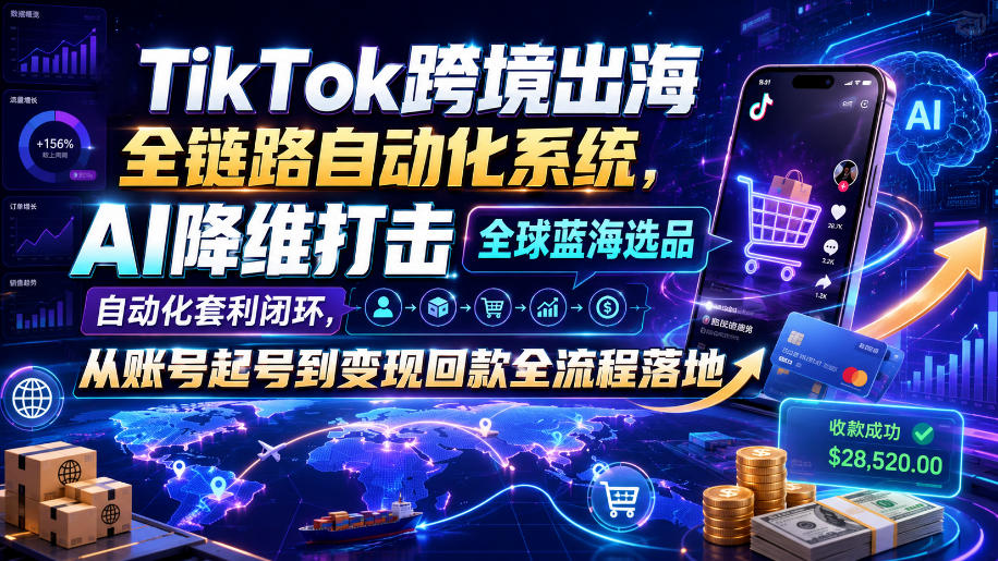 TikTok跨境出海全链路自动化系统，AI降维打击全球蓝海选品自动化套利闭环，从账号起号到变现回款全流程落地(2026年7月)-副业网