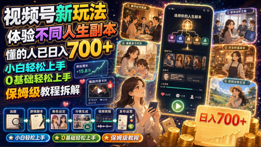 视频号新玩法体验不同人生副本，懂的人已日入700+，小白轻松上手，0基础轻松上手，保姆级教程拆解-副业网